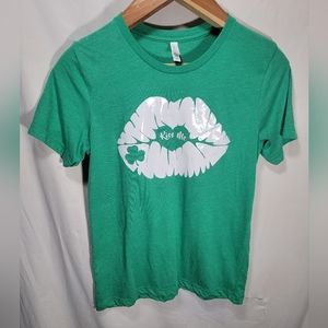 Unisex medium green shirt, puckered lips make heart kiss me inside, & Shamrock